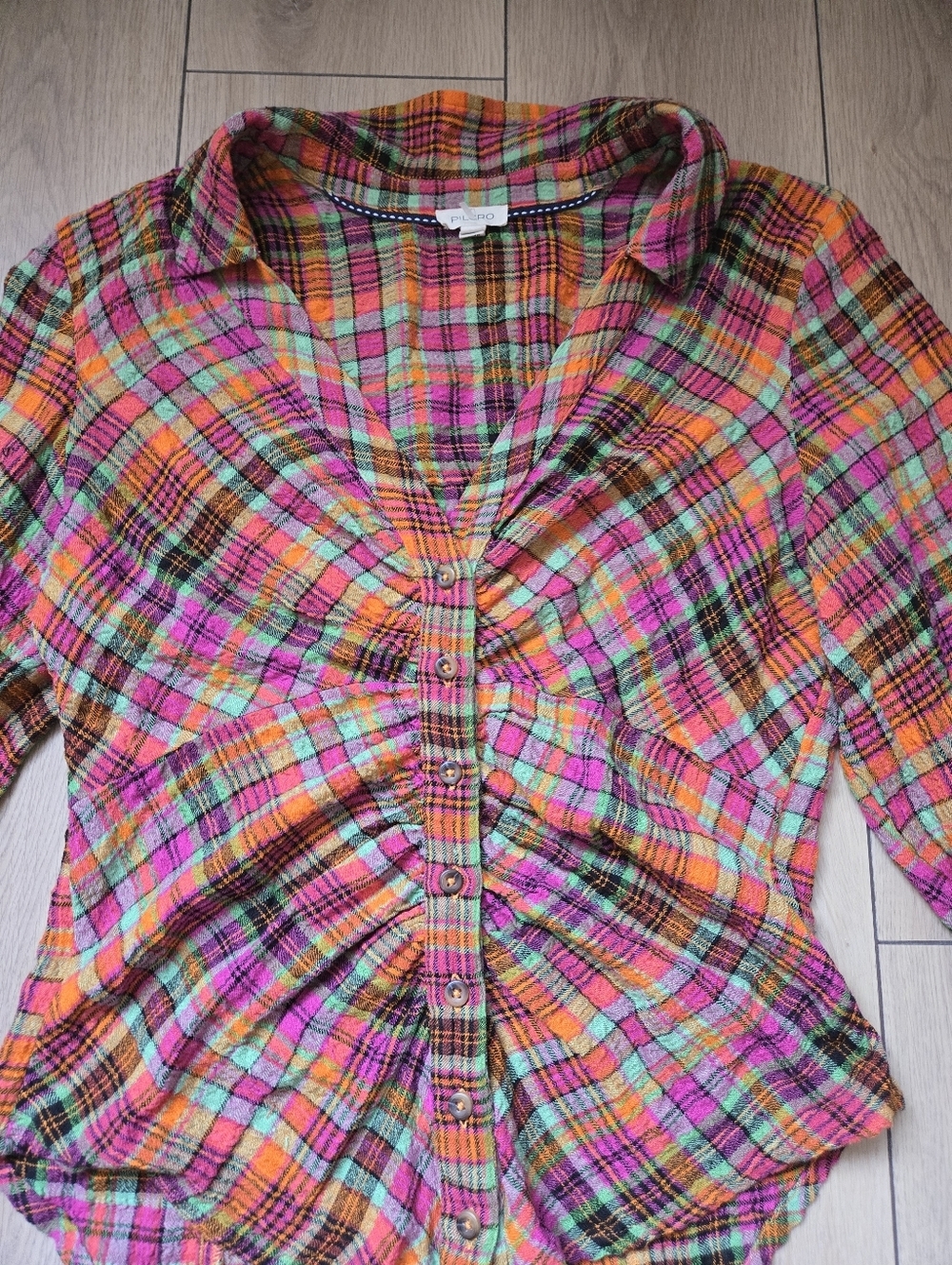 Anthropologie Pilcro Ruched Deep-V Plaid Buttondown Shirt Size S - Picture 5 of 9